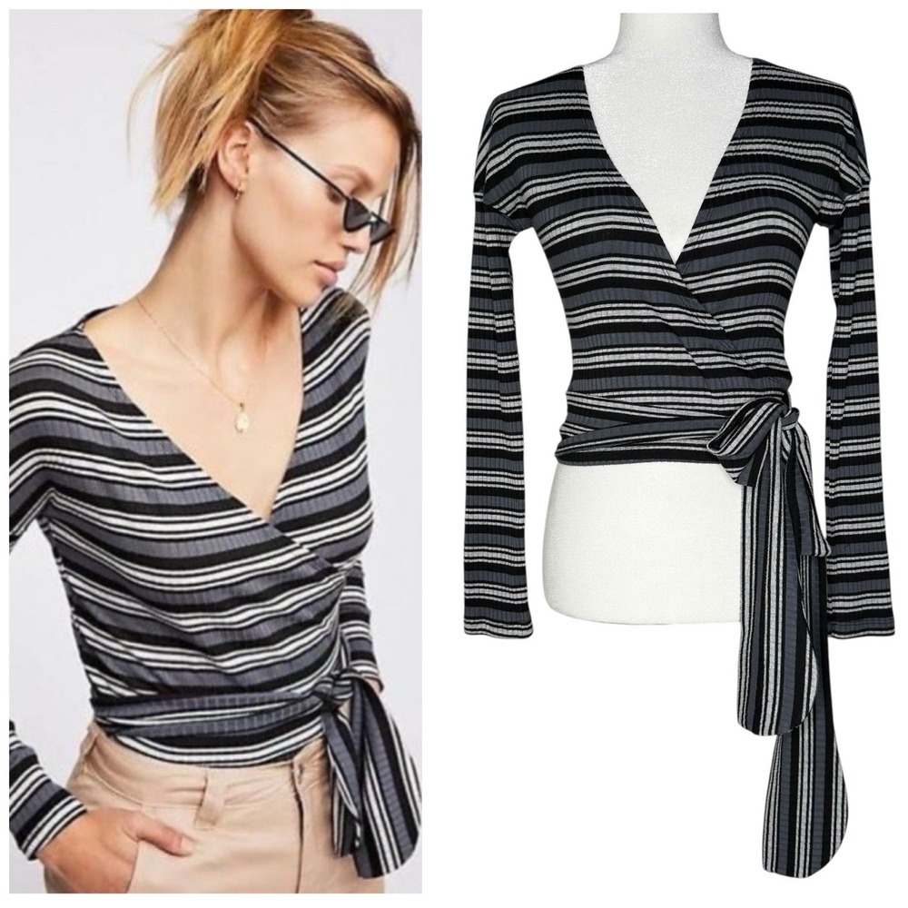 Free People Small Always With Me Striped Faux Wrap Long Sleeve Tee